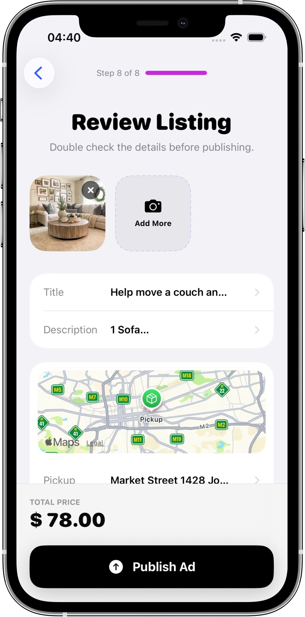 Job creation screen in DashHaul